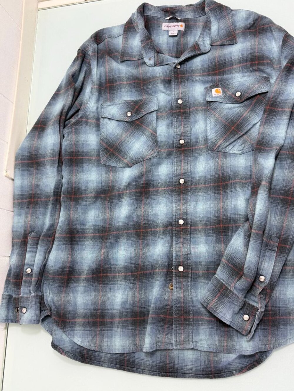 Carhartt Flannel Shirt Men Large L Relaxed Fit Snap Front Shadow Plaid Blue Work